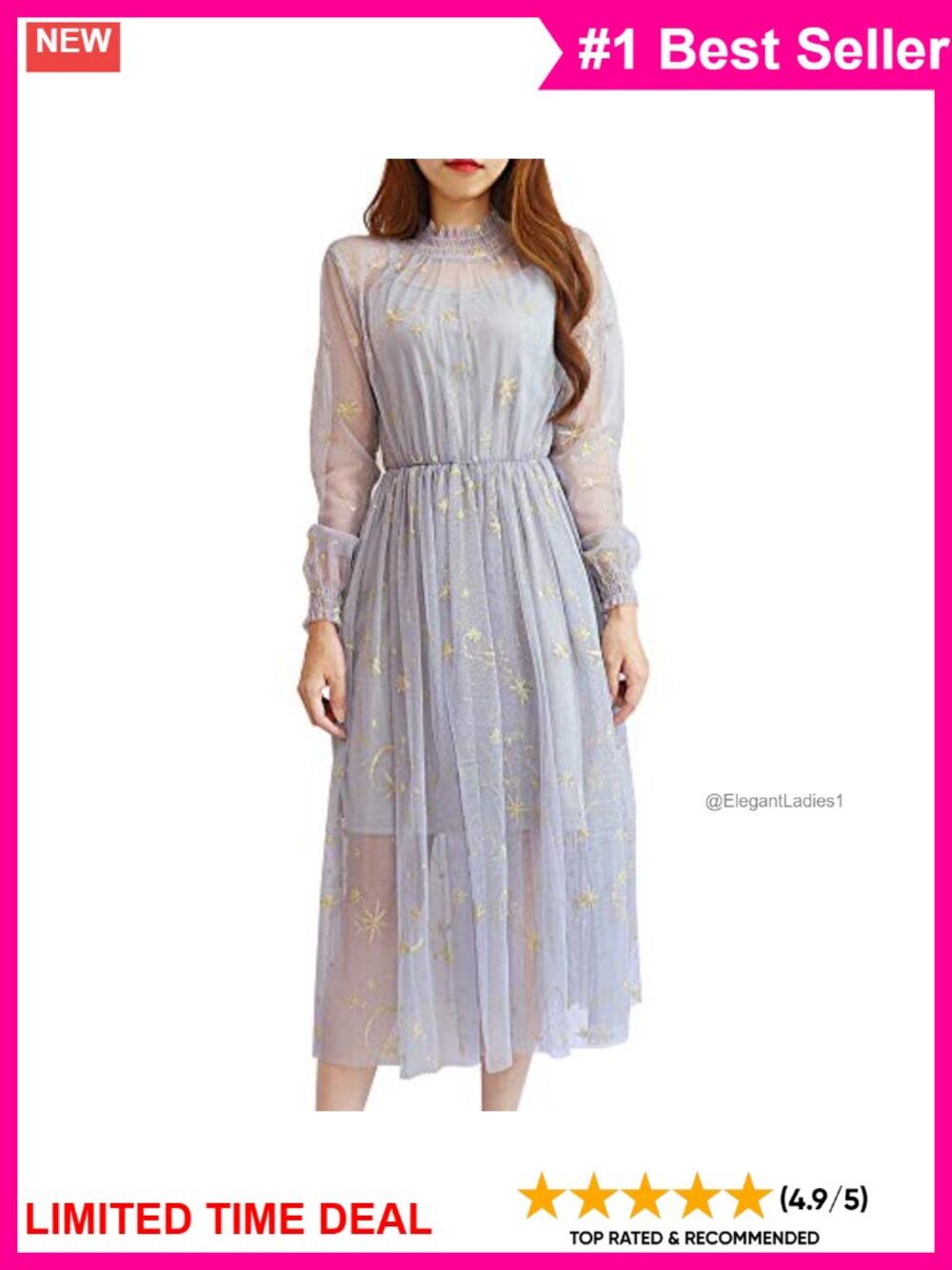 Women Chiffon Stars Moon Print Embroidered Midi Princess Dress Puff Sleeve
